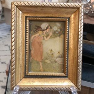 Lovely Small Painting of Girl Blowing On Dandelions in a Field in a Gold Frame